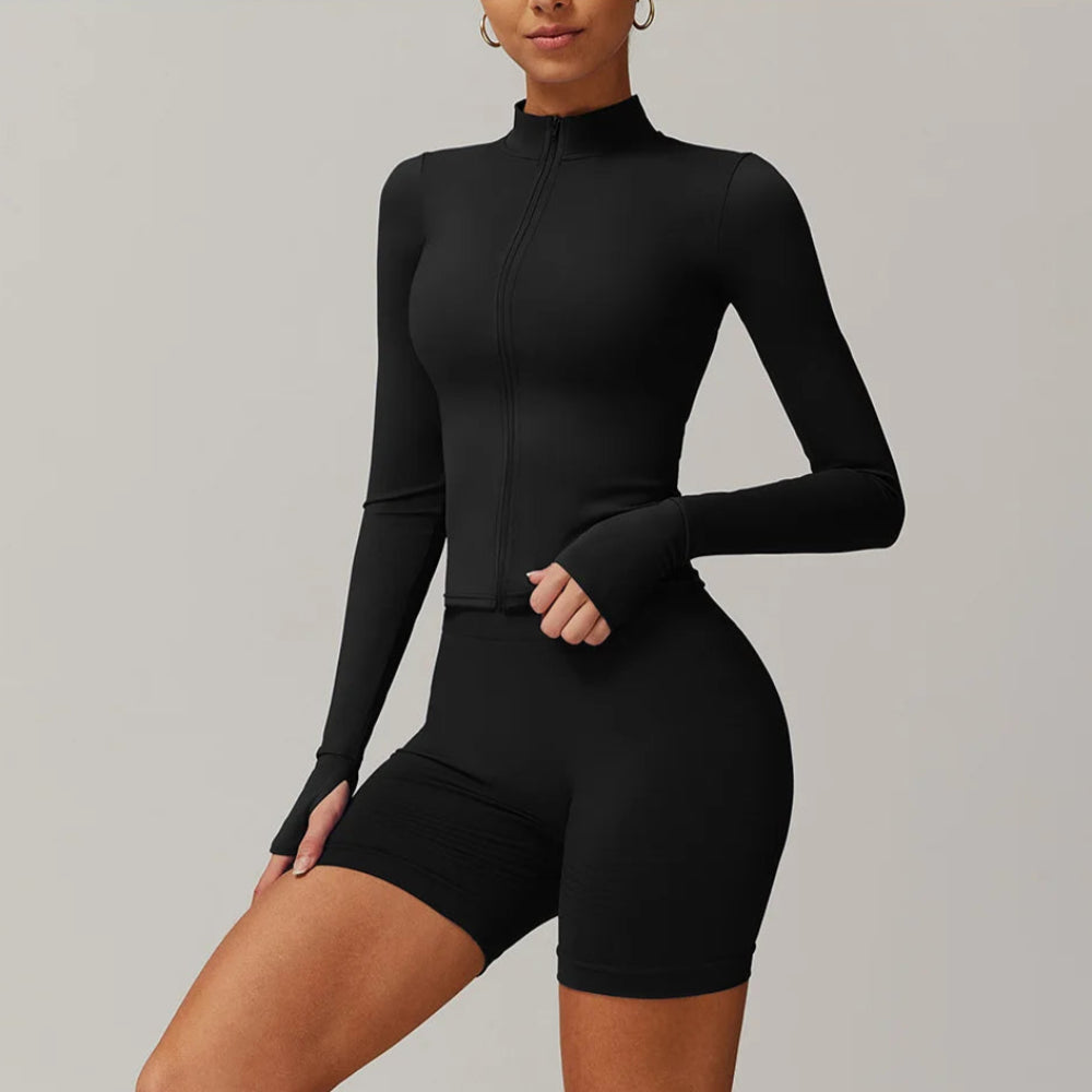 Solid Color Stretchy Collar Zip-Up Jacket And High Waisted Biker Shorts Set