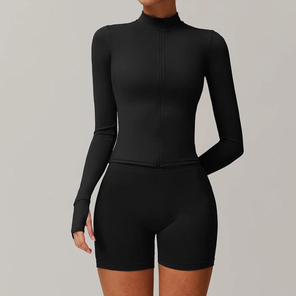 Solid Color Stretchy Collar Zip-Up Jacket And High Waisted Biker Shorts Set