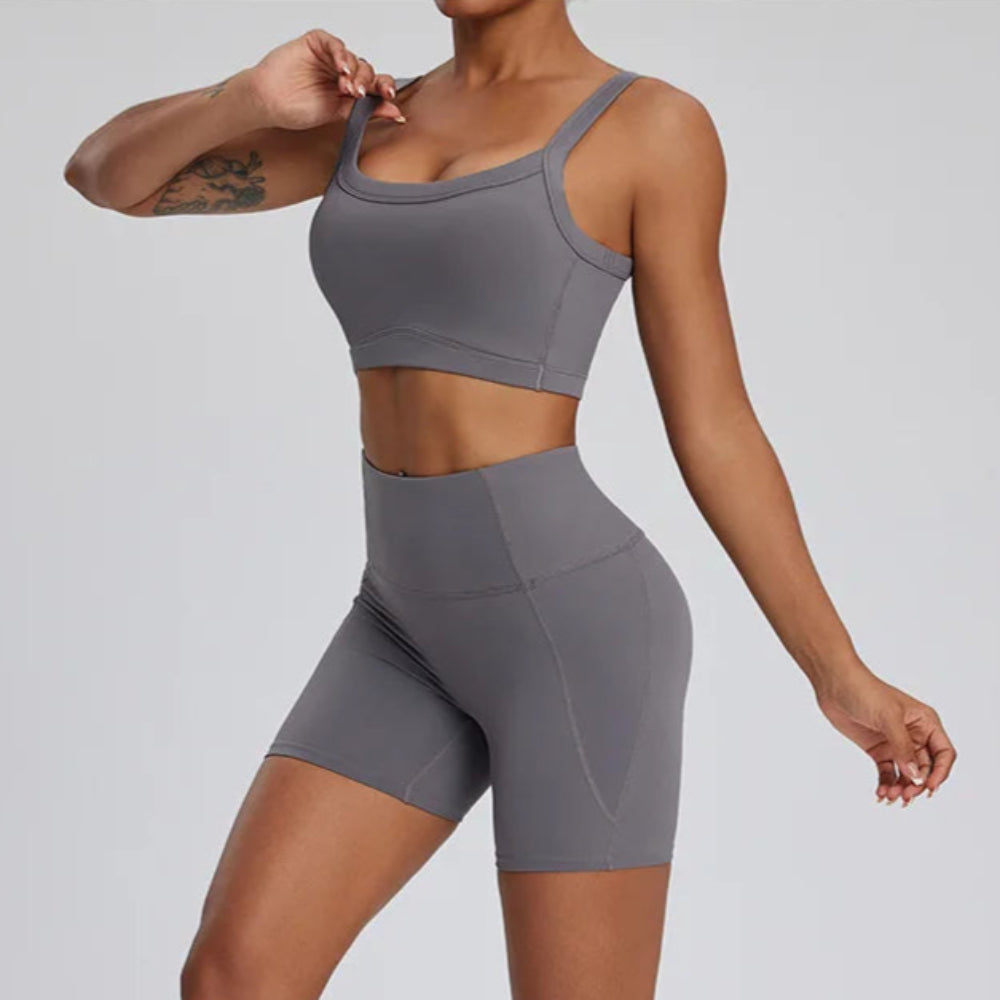 Solid Color Stretchy Patchwork Crop Thick Spaghetti Strap And High Waisted Shorts Set