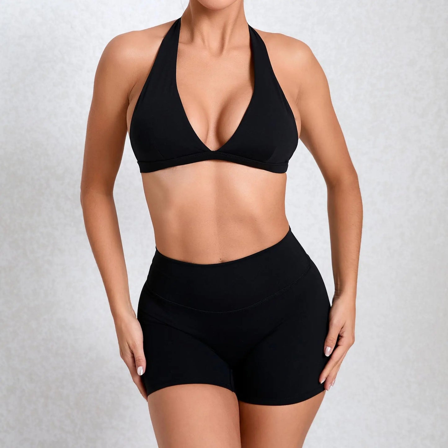 Solid Color Stretchy Patchwork V-Cut Halter Sports Bra And High Waisted Shorts Set