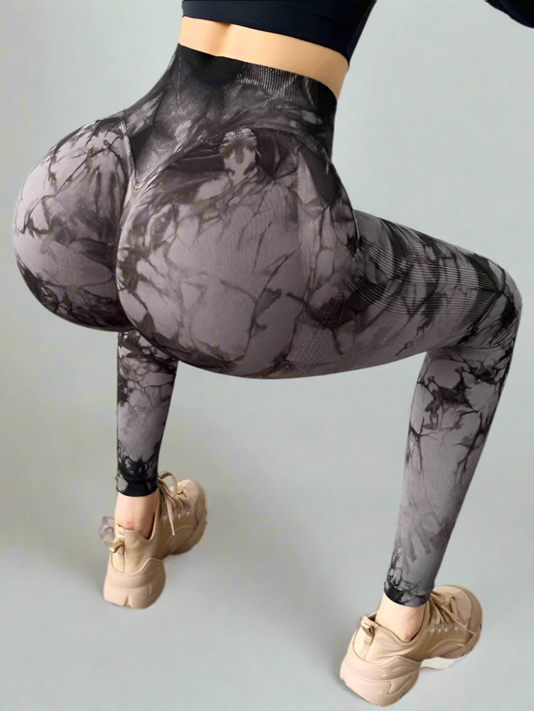 Two Tone Solid Color Tie-Dye Stretchy Ruched Push-Up High Waisted Leggings