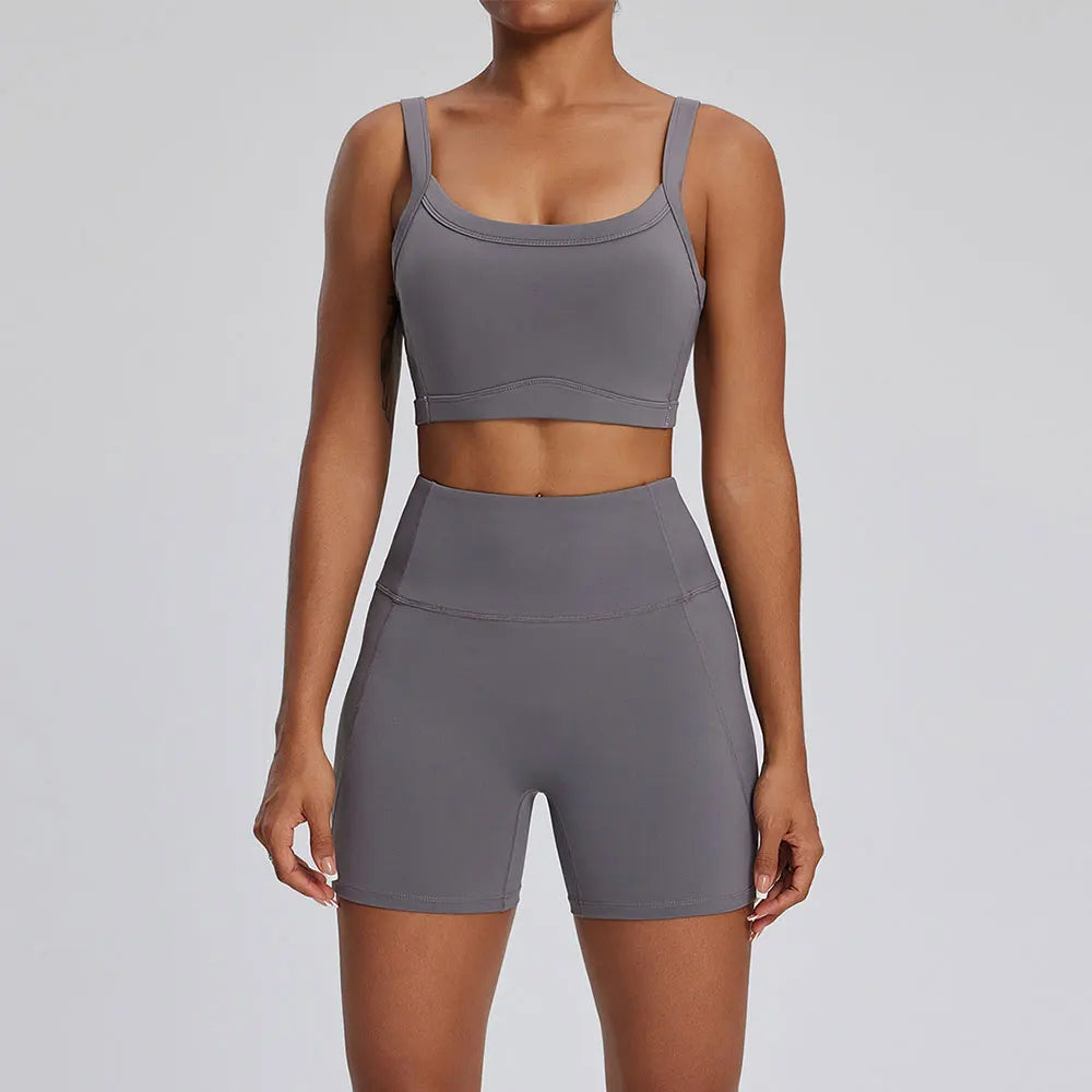Solid Color Stretchy Patchwork Crop Thick Spaghetti Strap And High Waisted Shorts Set