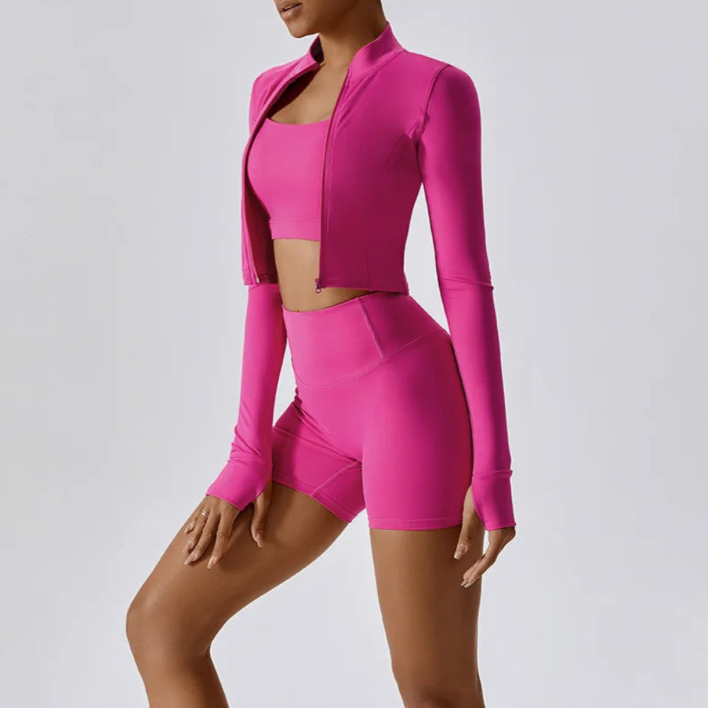 Solid Color Crop Jacket And Crop Top And High Waisted Shorts Set