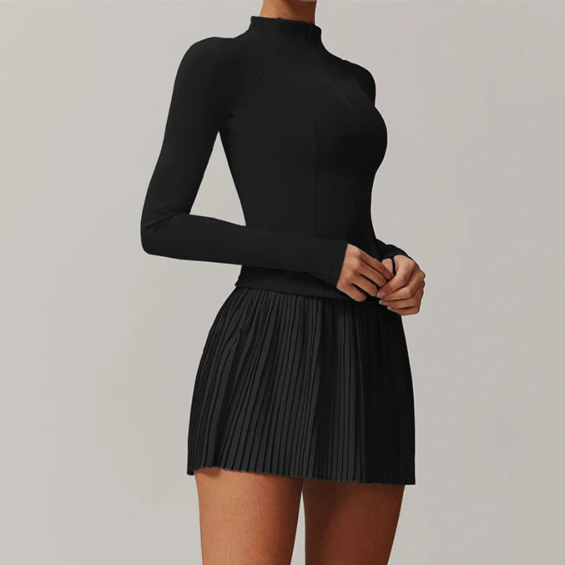 Solid Color Stretchy Collar Zip-Up Jacket And Pleated Mini Skirt Set