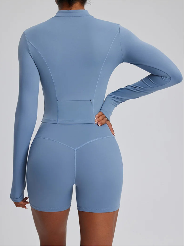 Solid Color Stretchy Patchwork Collar Quarter Zip-Up Long Sleeve And High Waisted Shorts Set