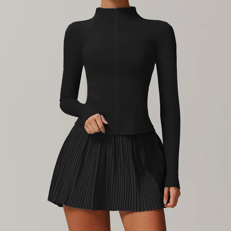 Solid Color Stretchy Collar Zip-Up Jacket And Pleated Mini Skirt Set