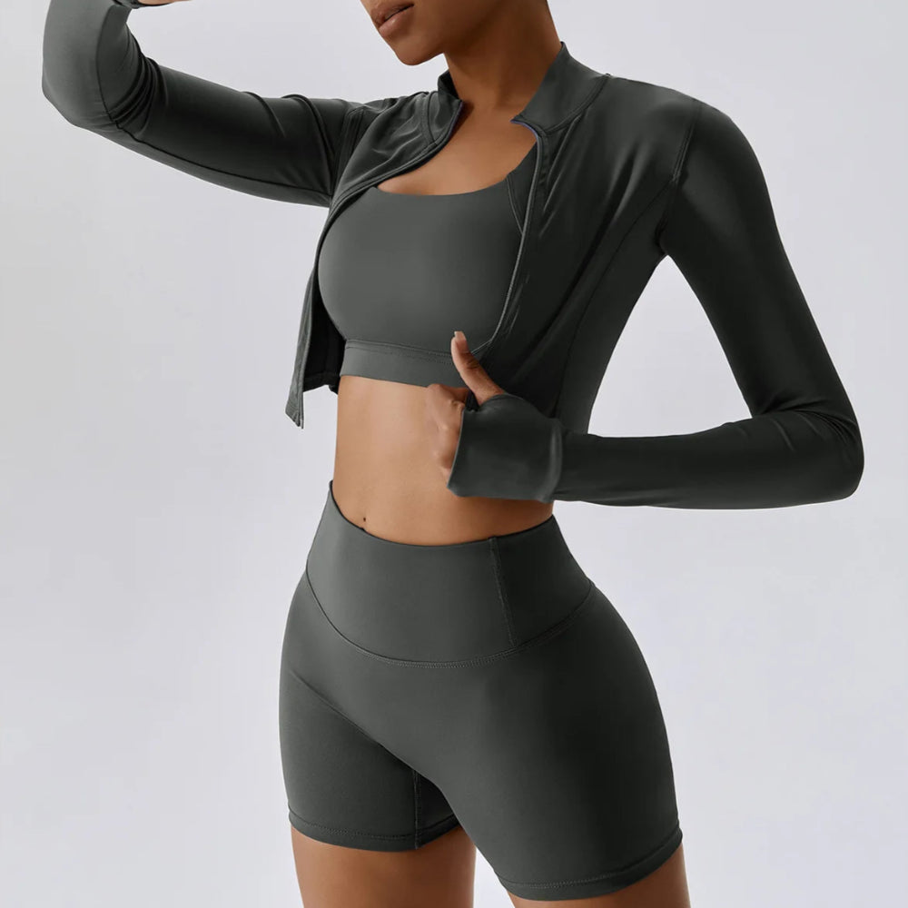 Solid Color Crop Jacket And Crop Top And High Waisted Shorts Set