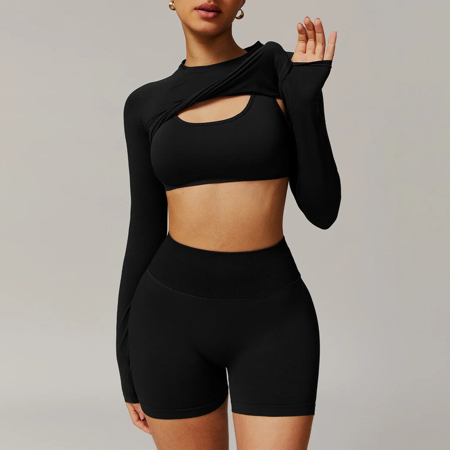 Solid Color Stretchy Long Sleeve Cardigan And Sports Bra And Ruched Booty High Waisted Biker Shorts Set