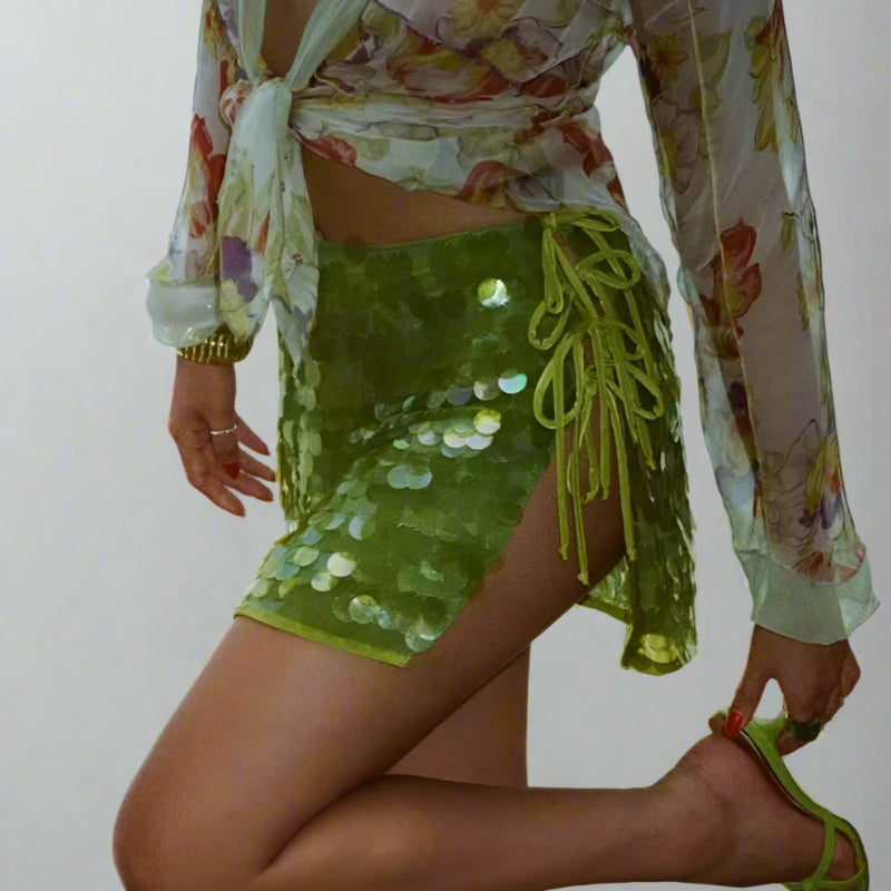 Neon Solid Color Sequin Side Tie-Up Mini Skirt