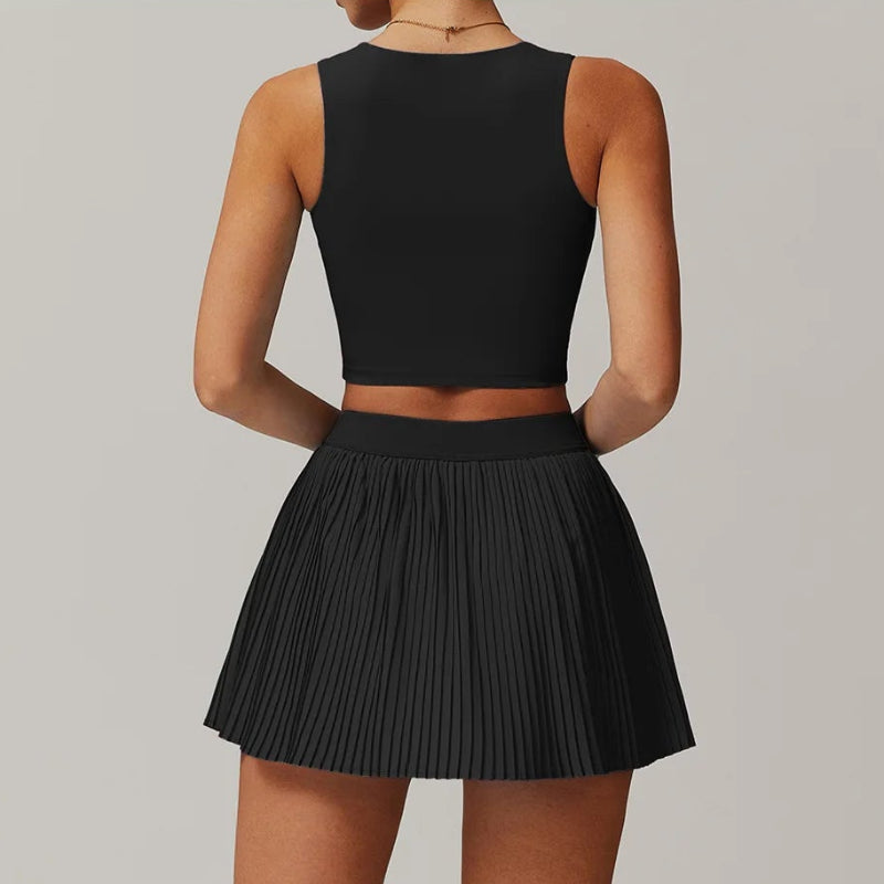 Solid Color Stretchy Crop Sleeveless Top And Pleated Mini Skirt Set