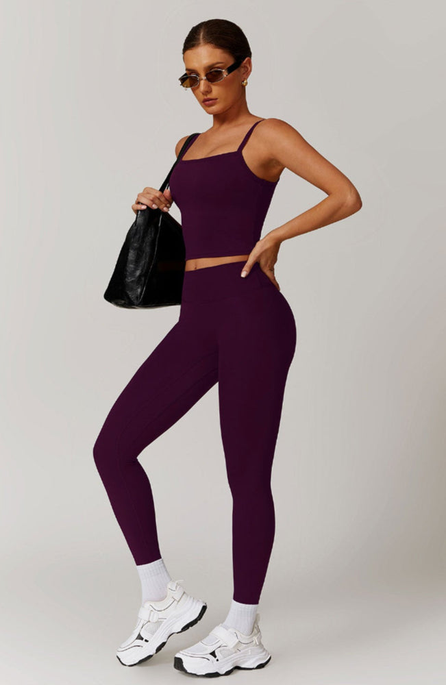 Solid Color Different Size Spaghetti Strap And High Waisted Ruched Booty Legging Set