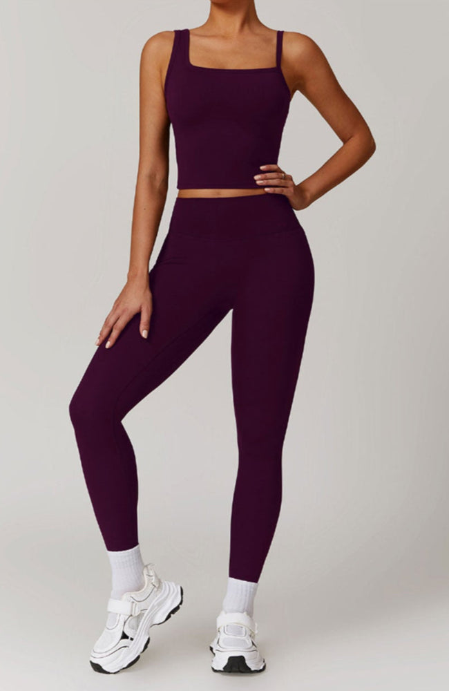 Solid Color Different Size Spaghetti Strap And High Waisted Ruched Booty Legging Set