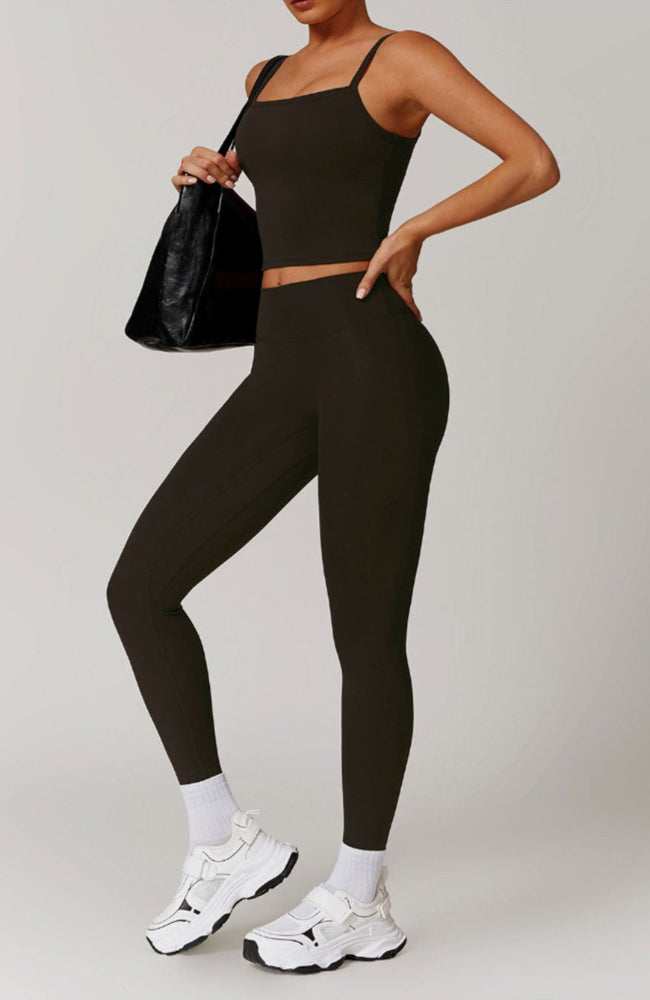 Solid Color Different Size Spaghetti Strap And High Waisted Ruched Booty Legging Set