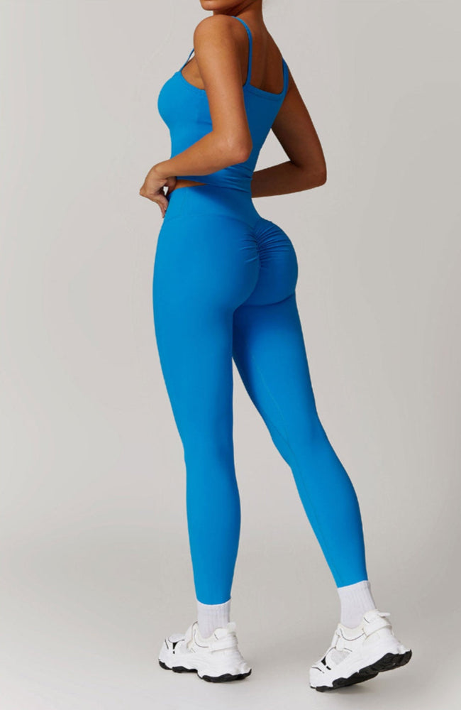 Solid Color Different Size Spaghetti Strap And High Waisted Ruched Booty Legging Set
