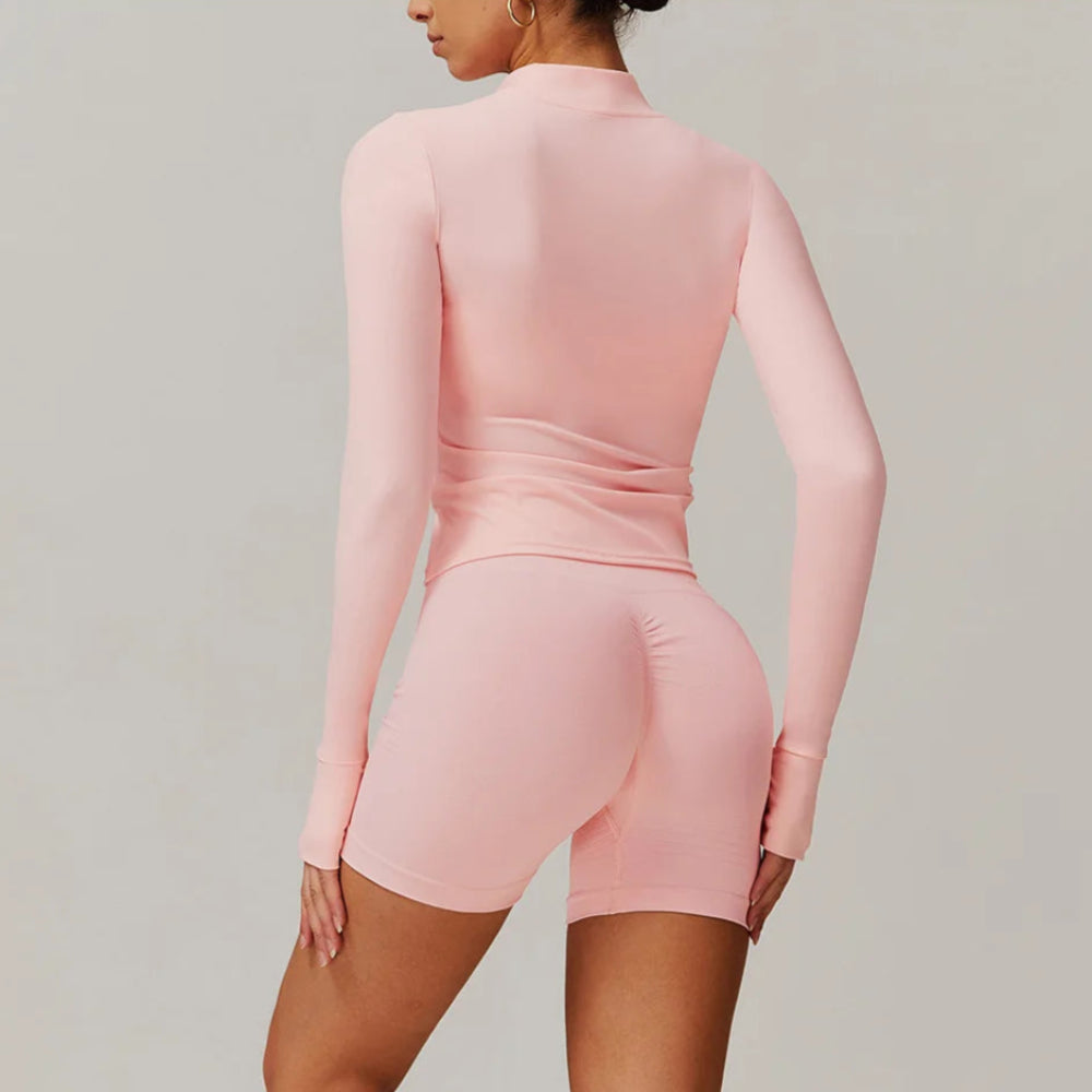 Solid Color Stretchy Collar Zip-Up Jacket And High Waisted Biker Shorts Set