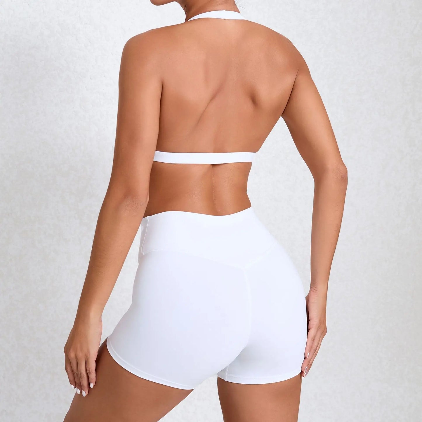 Solid Color Stretchy Patchwork V-Cut Halter Sports Bra And High Waisted Shorts Set
