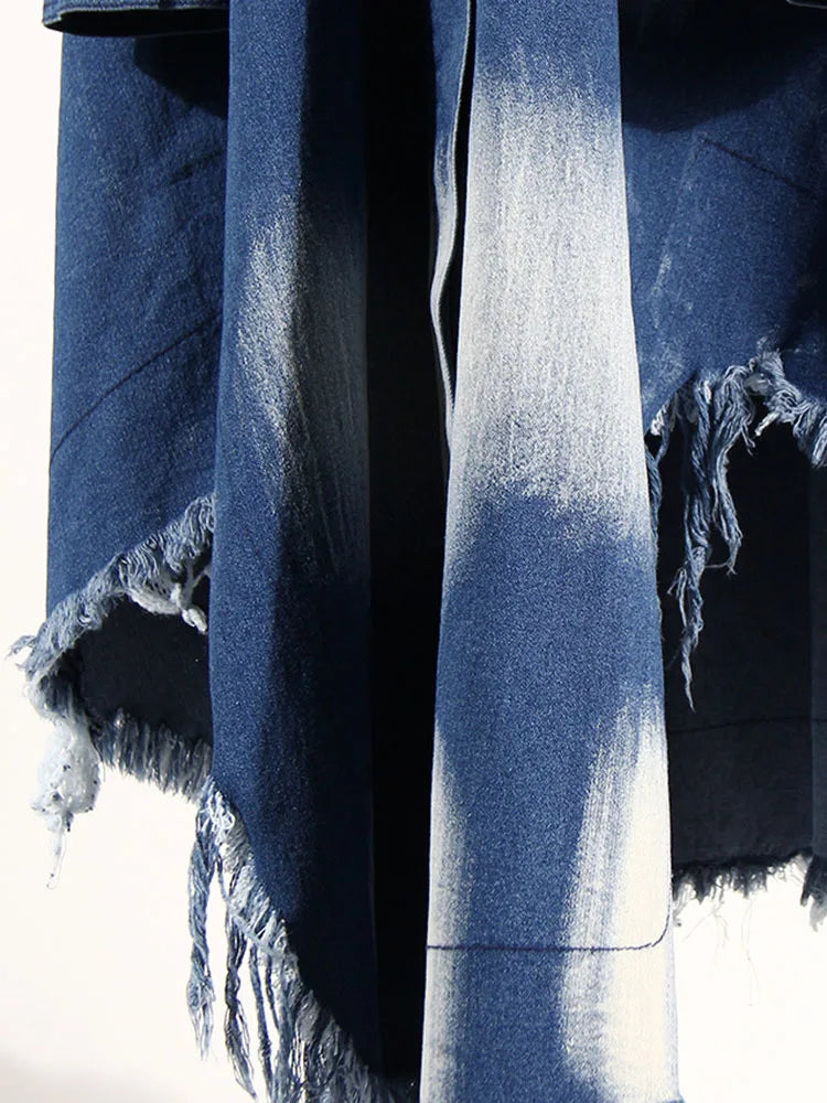 Blue Denim Jean Tie-Dye Front Tie Distressed Maxi Skirt