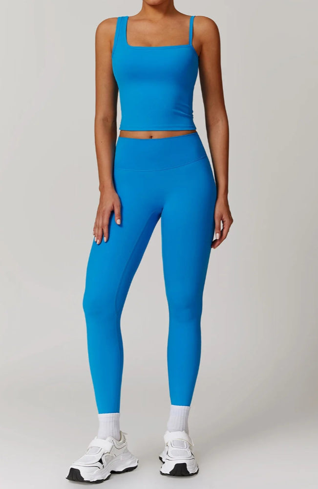 Solid Color Different Size Spaghetti Strap And High Waisted Ruched Booty Legging Set