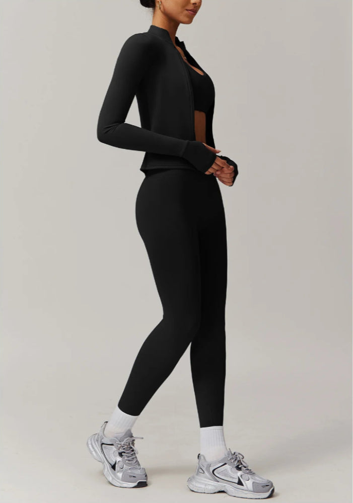 Solid Color Stretchy Collar Zip-Up Jacket And High Waisted Legging Set