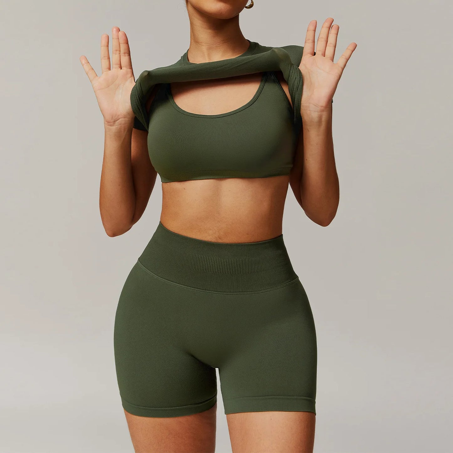Solid Color Stretchy Short Sleeve Cardigan And Sports Bra And Ruched Booty High Waisted Biker Shorts Set
