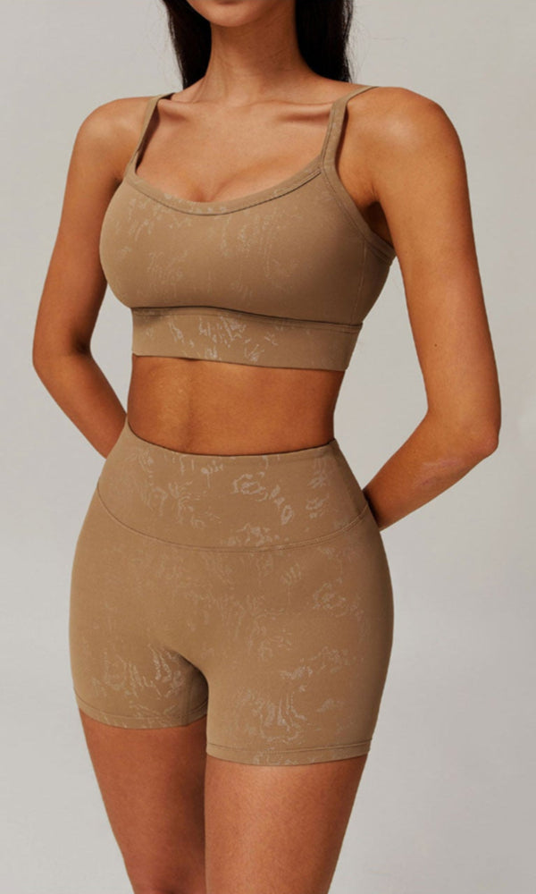 Moody Solid Color Washed Out Basic Sports Bra And High Waisted Ruched Booty Shorts Set