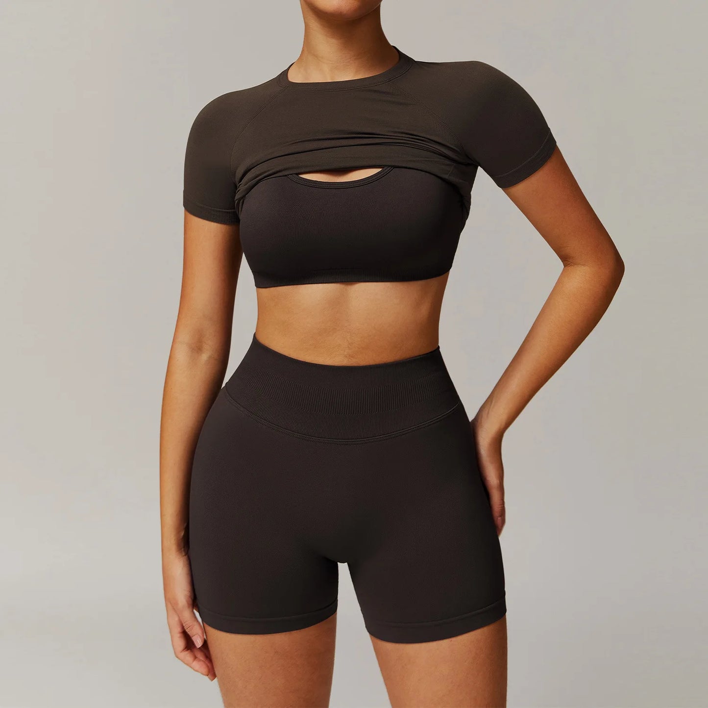 Solid Color Stretchy Short Sleeve Cardigan And Sports Bra And Ruched Booty High Waisted Biker Shorts Set