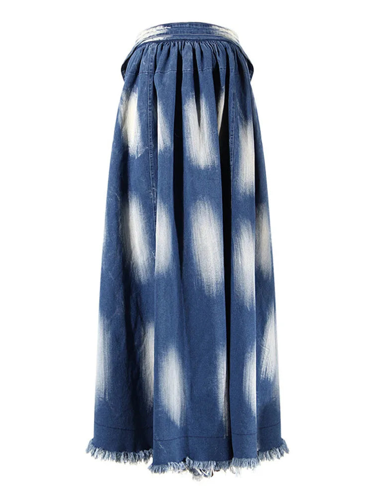 Blue Denim Jean Tie-Dye Front Tie Distressed Maxi Skirt