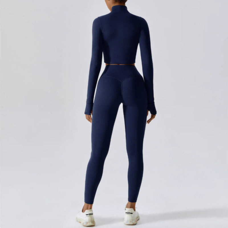 Solid Color Crop Jacket And Crop Top And High Waisted Legging Set