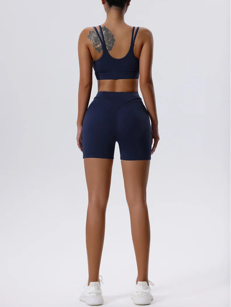 Solid Color V-Cut Hollow Out Strappy Sports Bra And High Waisted Biker Shorts Set