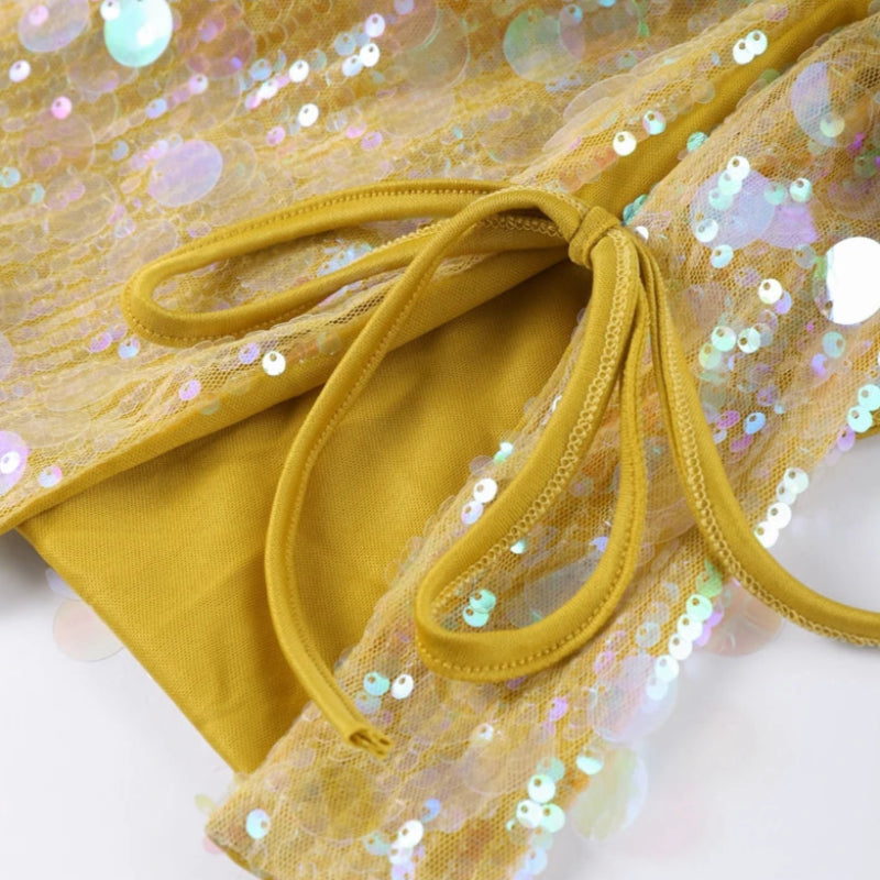 Neon Solid Color Sequin Side Tie-Up Mini Skirt