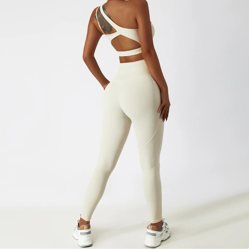 Solid Color Stretchy Double Strap One Shoulder Sports Bra And High Waisted Side Pockets Legging Set