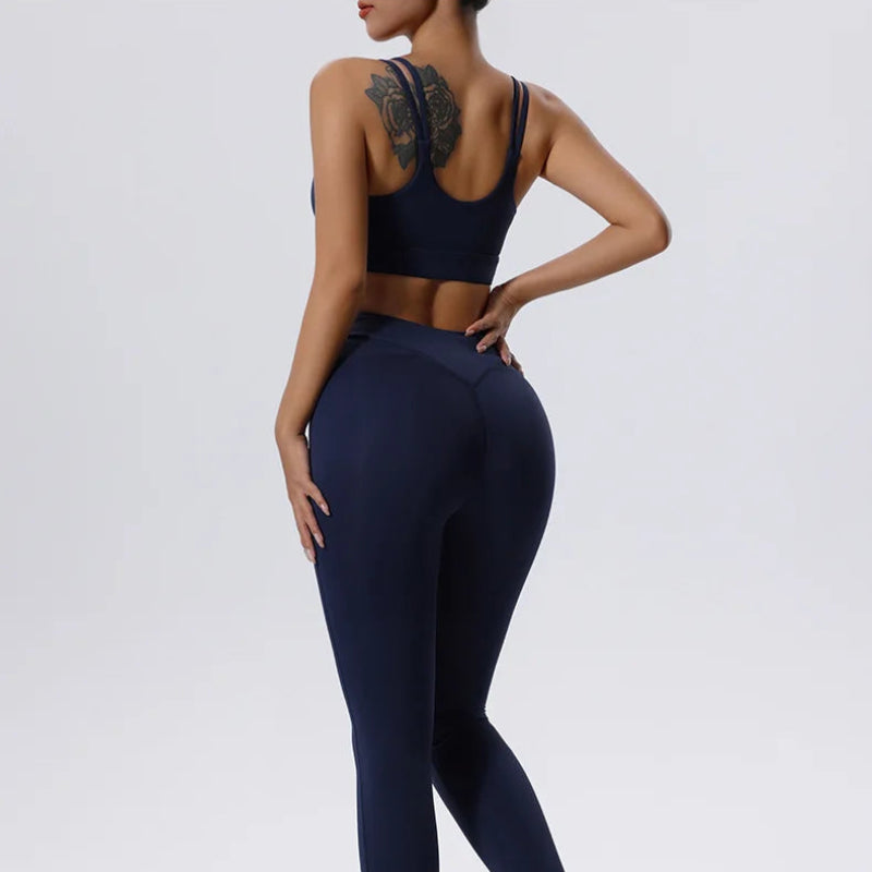 Solid Color V-Cut Hollow Out Strappy Sports Bra And High Waisted Legging Set