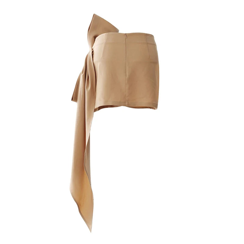 Neutral Pleated Side Bow Mini Skirt