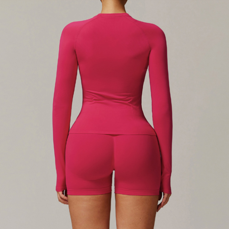 Solid Color Stretchy Patchwork Long Sleeve And Ruched Booty High Waisted Biker Shorts Set