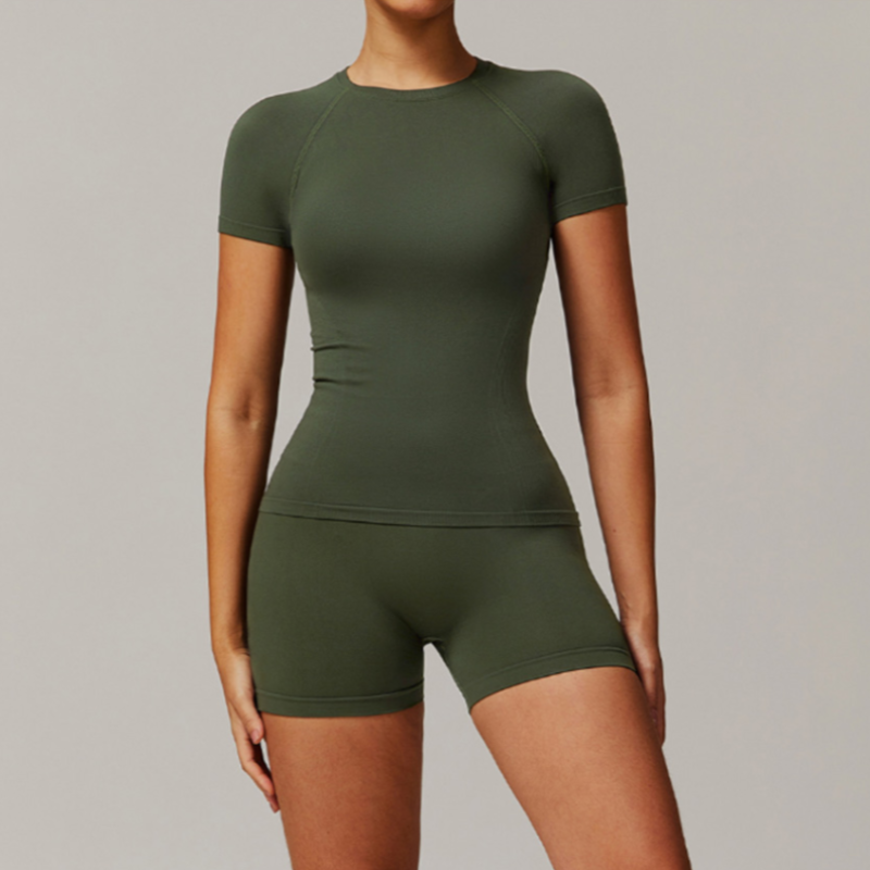 Solid Color Stretchy Patchwork Short Sleeve And Ruched Booty High Waisted Biker Shorts Set