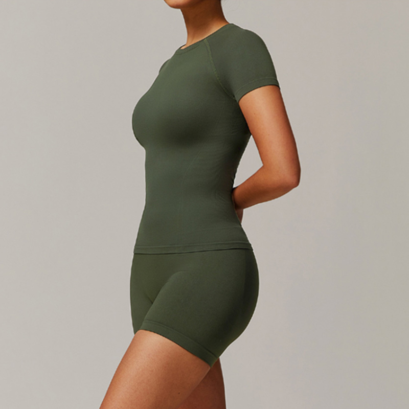 Solid Color Stretchy Patchwork Short Sleeve And Ruched Booty High Waisted Biker Shorts Set