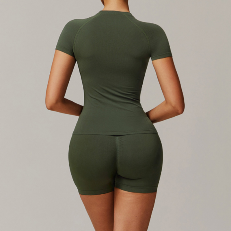 Solid Color Stretchy Patchwork Short Sleeve And Ruched Booty High Waisted Biker Shorts Set