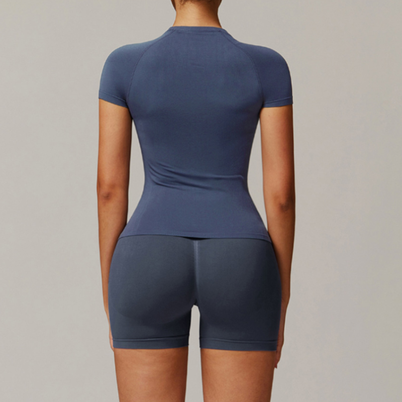 Solid Color Stretchy Patchwork Short Sleeve And Ruched Booty High Waisted Biker Shorts Set