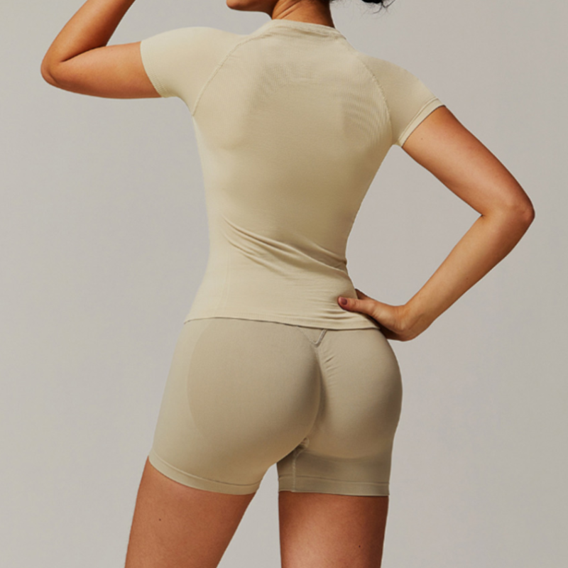 Solid Color Stretchy Patchwork Short Sleeve And Ruched Booty High Waisted Biker Shorts Set