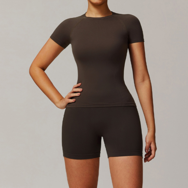 Solid Color Stretchy Patchwork Short Sleeve And Ruched Booty High Waisted Biker Shorts Set
