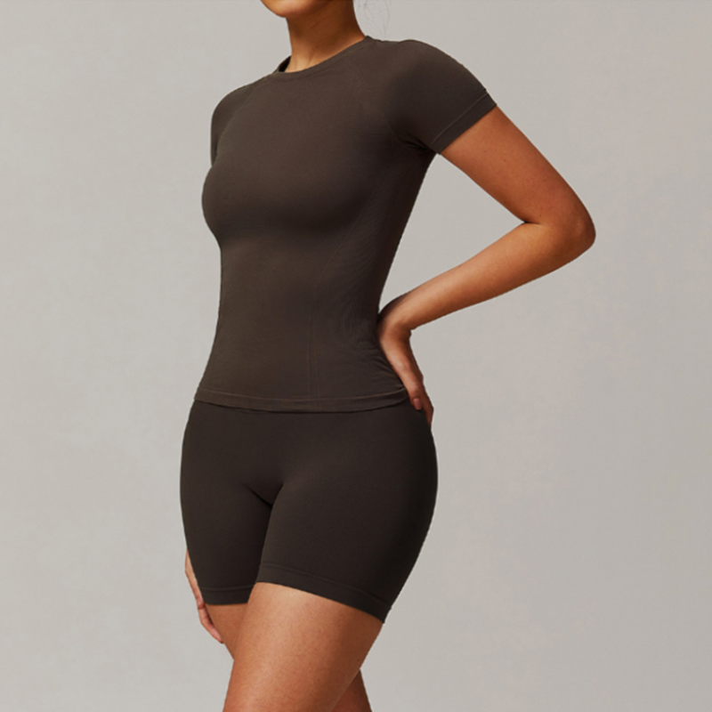 Solid Color Stretchy Patchwork Short Sleeve And Ruched Booty High Waisted Biker Shorts Set