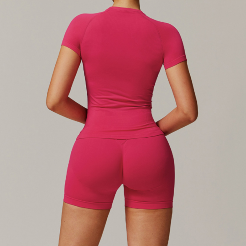 Solid Color Stretchy Patchwork Short Sleeve And Ruched Booty High Waisted Biker Shorts Set
