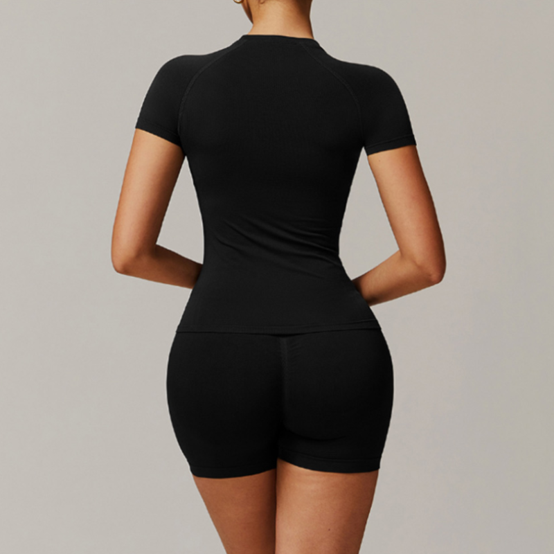Solid Color Stretchy Patchwork Short Sleeve And Ruched Booty High Waisted Biker Shorts Set