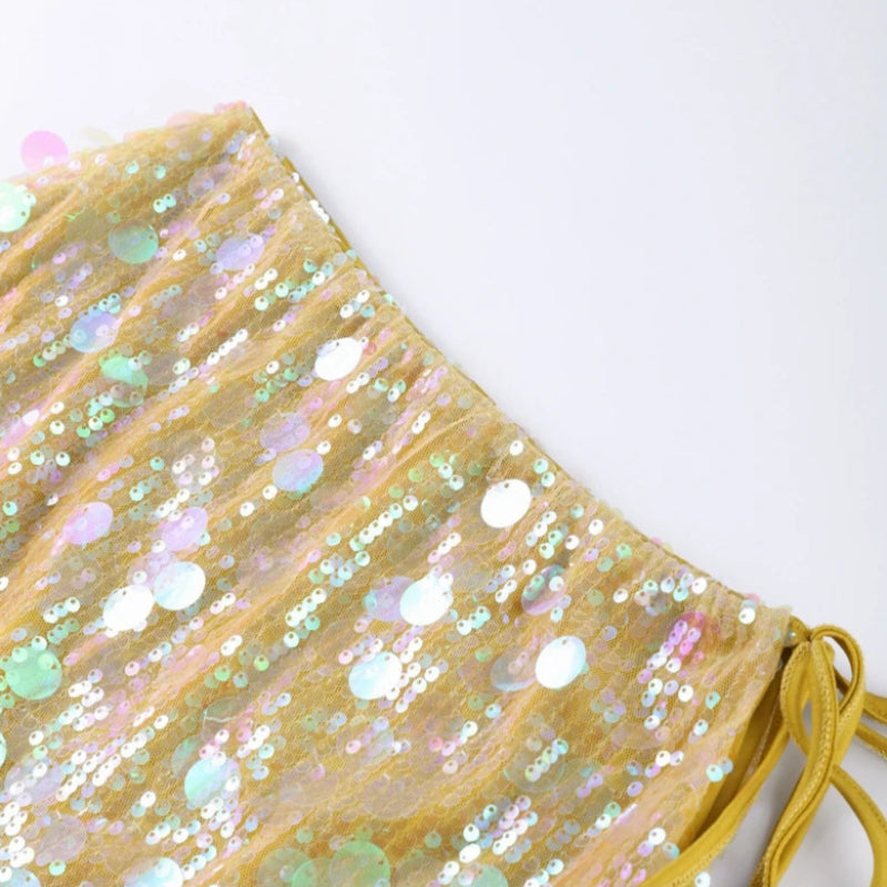 Neon Solid Color Sequin Side Tie-Up Mini Skirt