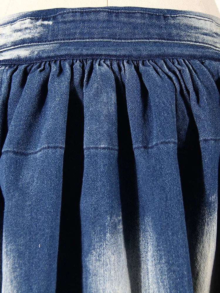 Blue Denim Jean Tie-Dye Front Tie Distressed Maxi Skirt