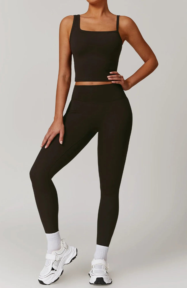 Solid Color Different Size Spaghetti Strap And High Waisted Ruched Booty Legging Set