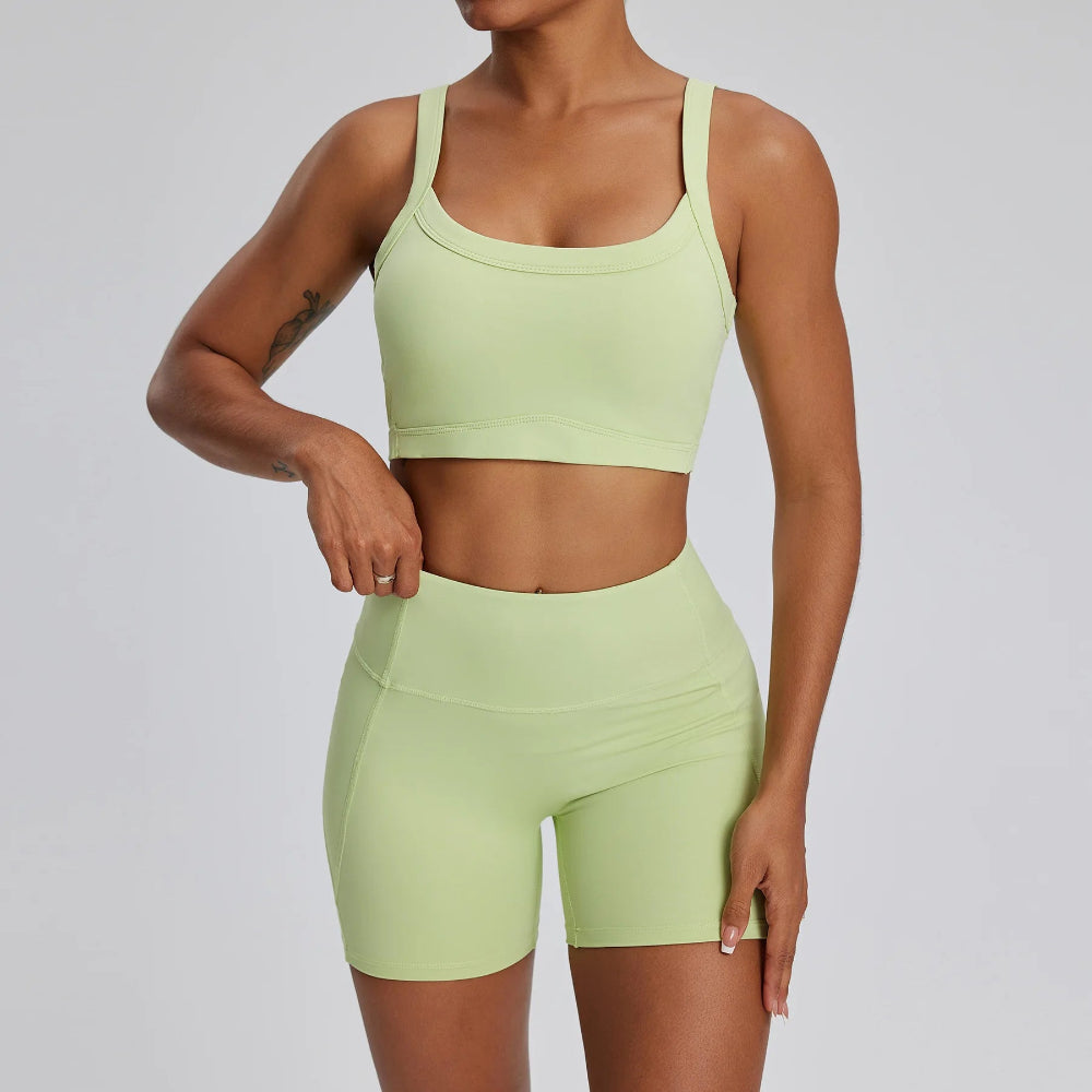Solid Color Stretchy Patchwork Crop Thick Spaghetti Strap And High Waisted Shorts Set