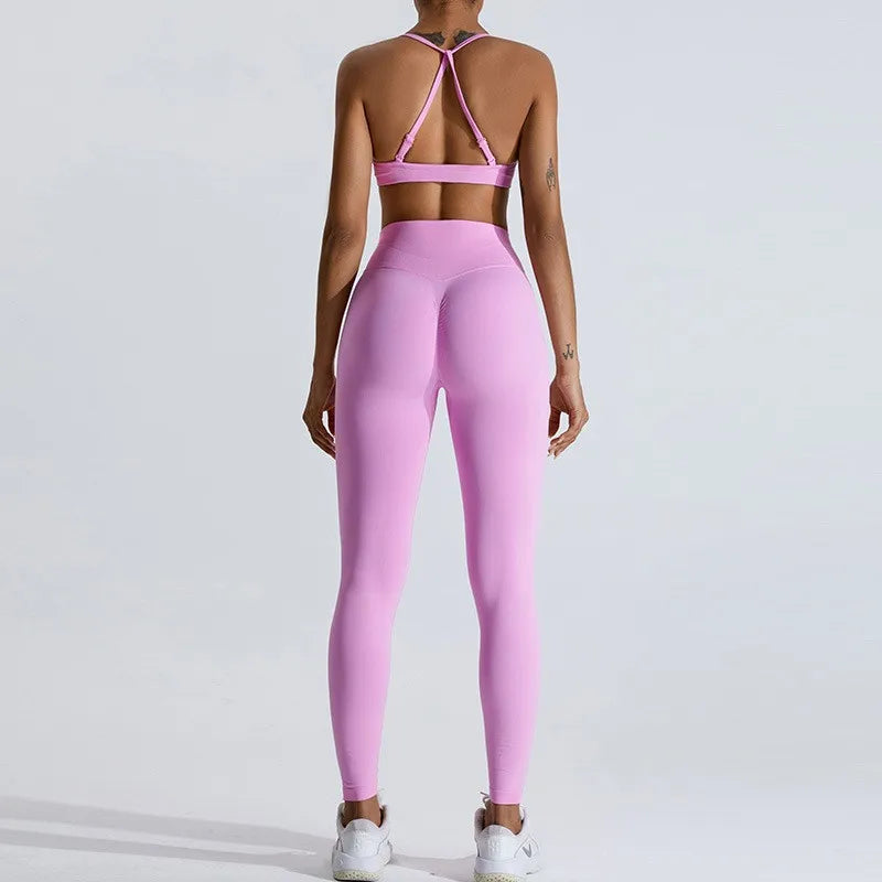 Solid Color Stretchy Ruched V-Cut Backless Halter Sports Bra And High Waisted Legging Set