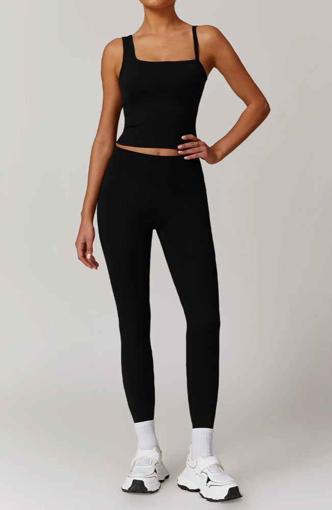 Solid Color Different Size Spaghetti Strap And High Waisted Ruched Booty Legging Set