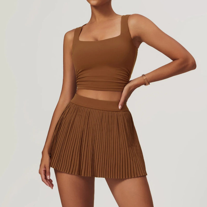 Solid Color Stretchy Crop Sleeveless Top And Pleated Mini Skirt Set